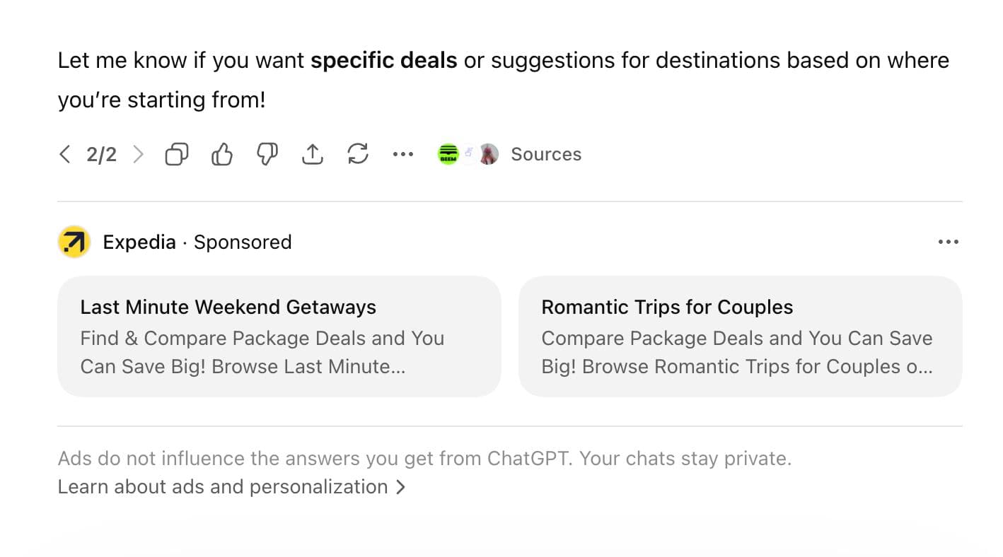 ChatGPT showing a sponsored ad result